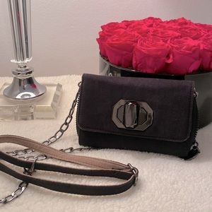 Deux Lux black suede chain-strap cross body wallet